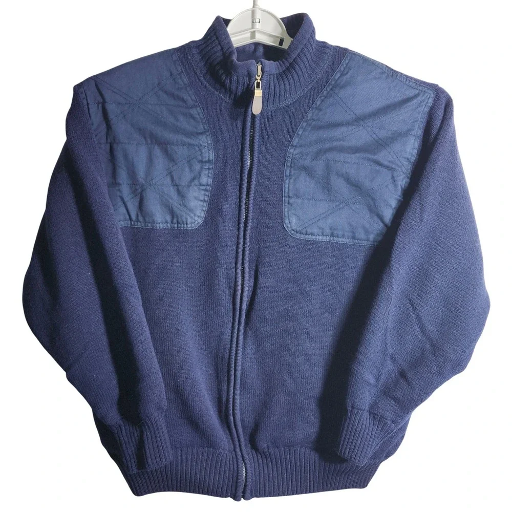 ORVIS Mens Full Zip Sweater Navy Blue Wool Quilted Chest Size M shoulder patches